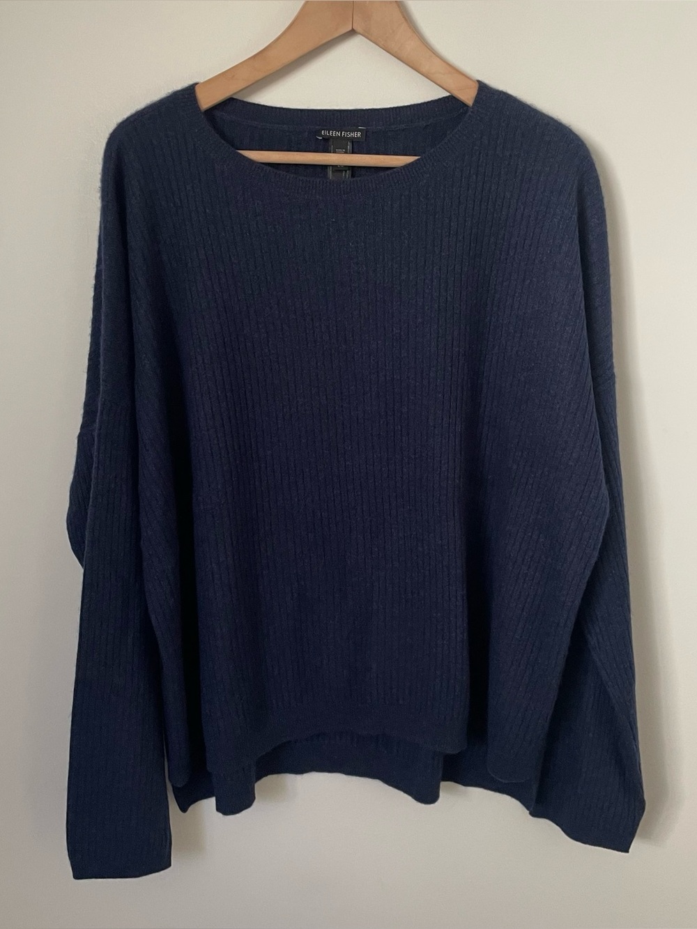 Eileen Fisher 100% Cashmere Ribbed Knit Crew Neck Sweater Navy Blue Size Large